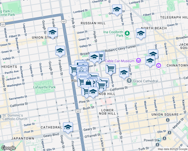 map of restaurants, bars, coffee shops, grocery stores, and more near 1565 Larkin Street in San Francisco