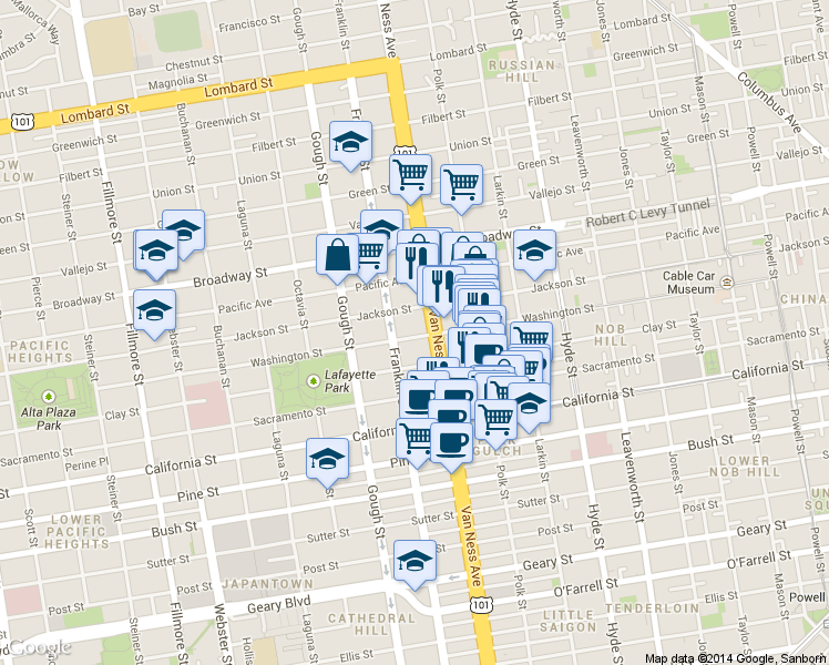 map of restaurants, bars, coffee shops, grocery stores, and more near in San Francisco