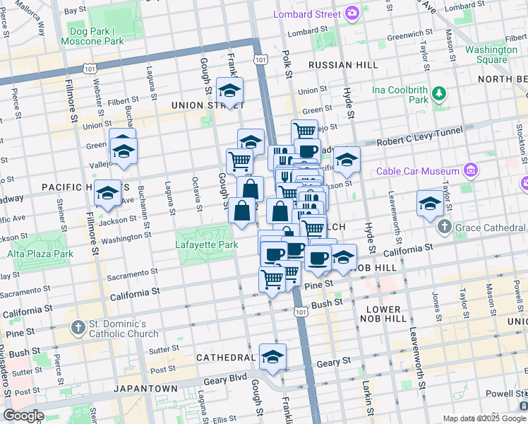 map of restaurants, bars, coffee shops, grocery stores, and more near 1920 Franklin Street in San Francisco