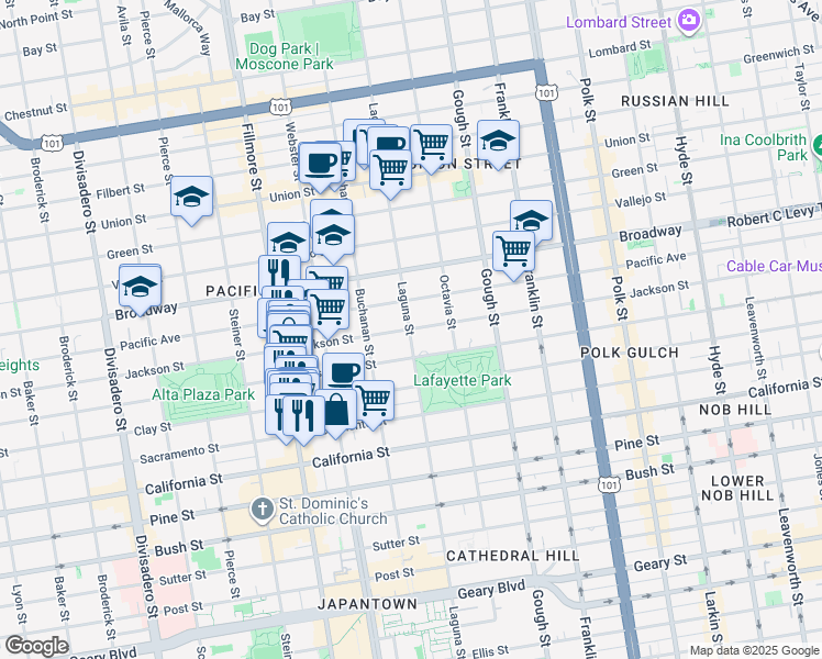 map of restaurants, bars, coffee shops, grocery stores, and more near 2224 Washington Street in San Francisco