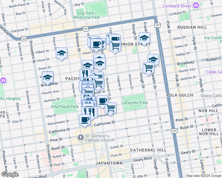 map of restaurants, bars, coffee shops, grocery stores, and more near 2439 Buchanan Street in San Francisco
