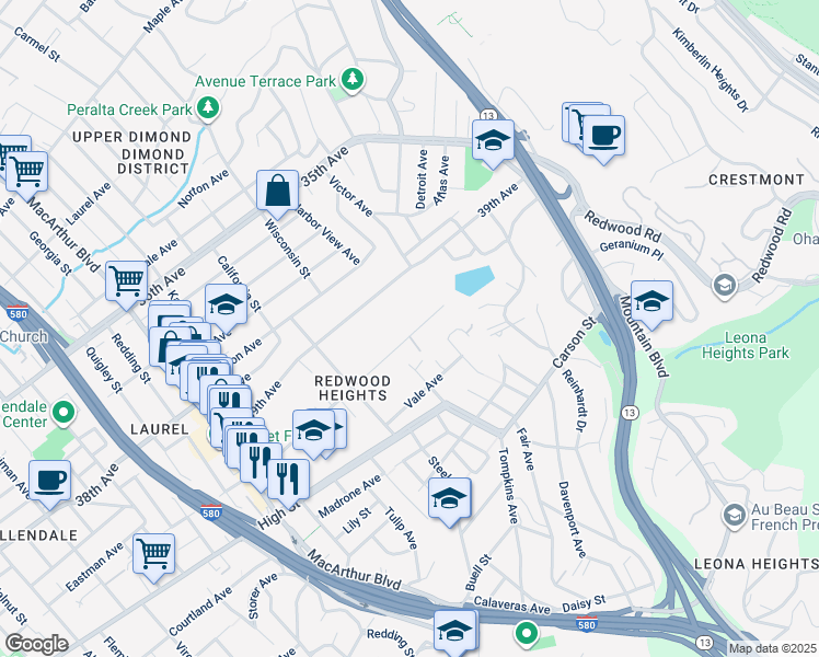 map of restaurants, bars, coffee shops, grocery stores, and more near 4121 Maybelle Avenue in Oakland