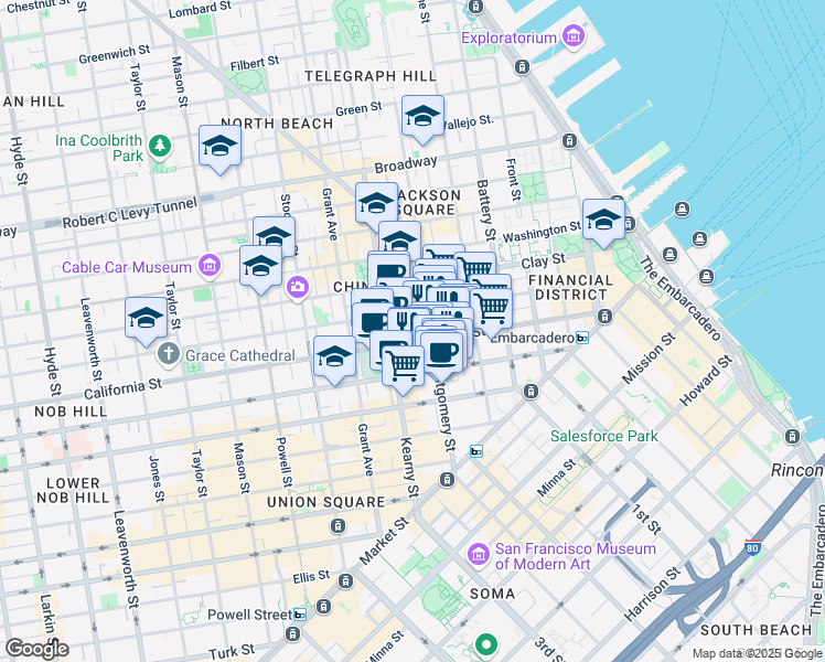 map of restaurants, bars, coffee shops, grocery stores, and more near 550 California Street in San Francisco