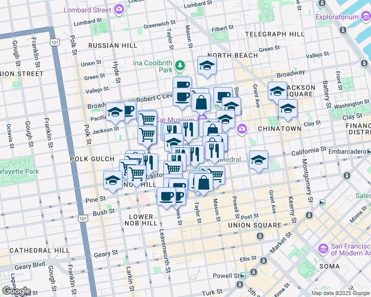 map of restaurants, bars, coffee shops, grocery stores, and more near 1137 Taylor Street in San Francisco