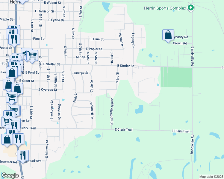 map of restaurants, bars, coffee shops, grocery stores, and more near 1200 Wildflower Lane in Herrin