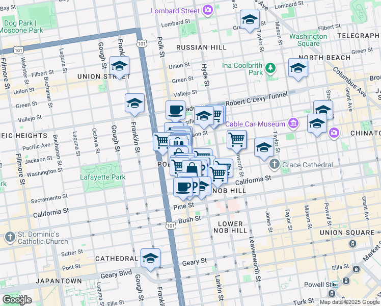map of restaurants, bars, coffee shops, grocery stores, and more near 1633 Washington Street in San Francisco