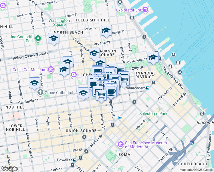 map of restaurants, bars, coffee shops, grocery stores, and more near 500 California Street in San Francisco