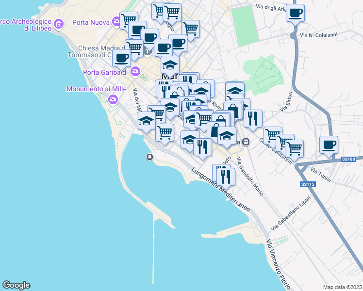map of restaurants, bars, coffee shops, grocery stores, and more near 27 Via Giuseppe Verdi in Marsala