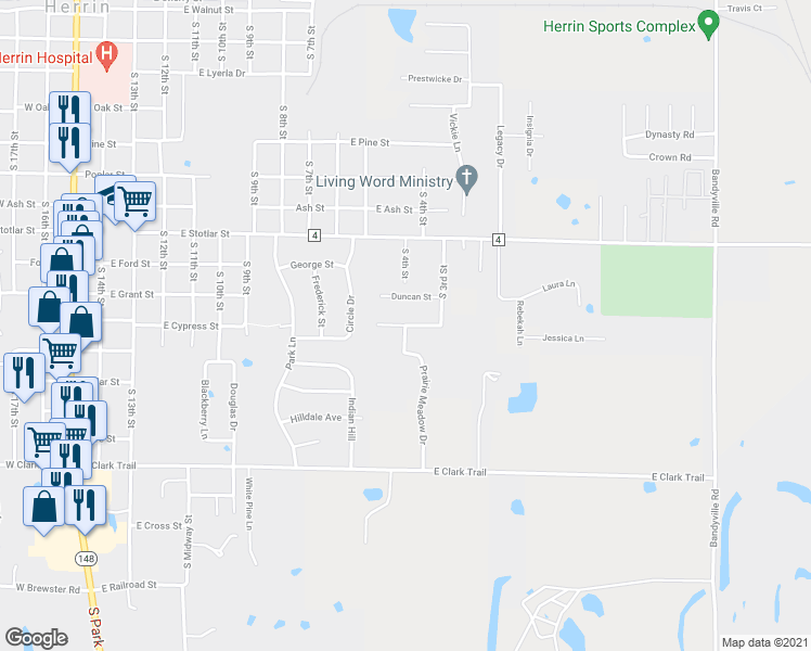 map of restaurants, bars, coffee shops, grocery stores, and more near Wildflower Lane in Herrin