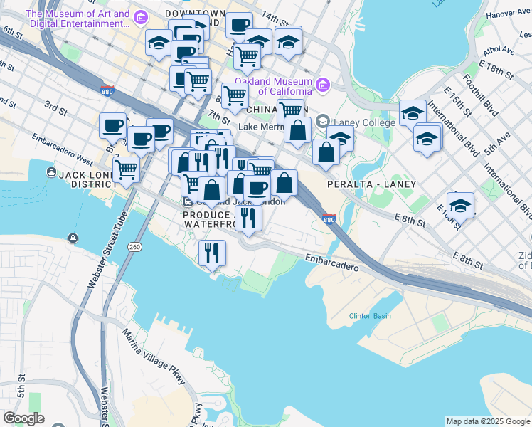 map of restaurants, bars, coffee shops, grocery stores, and more near 265 Fallon Street in Oakland