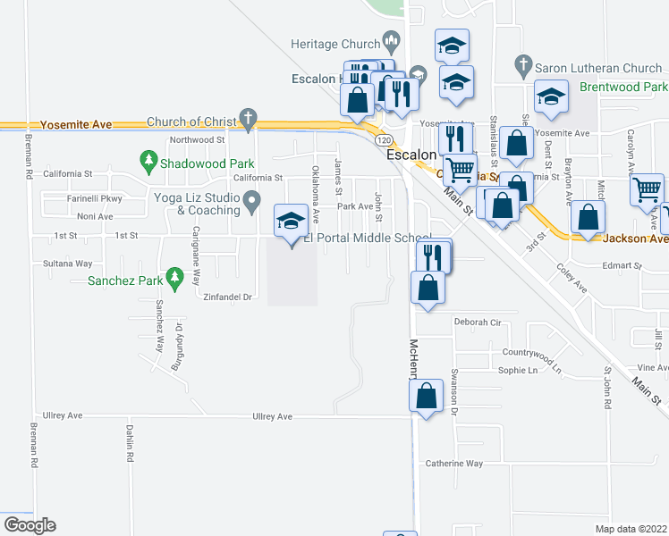 map of restaurants, bars, coffee shops, grocery stores, and more near 1747 Baker Avenue in Escalon