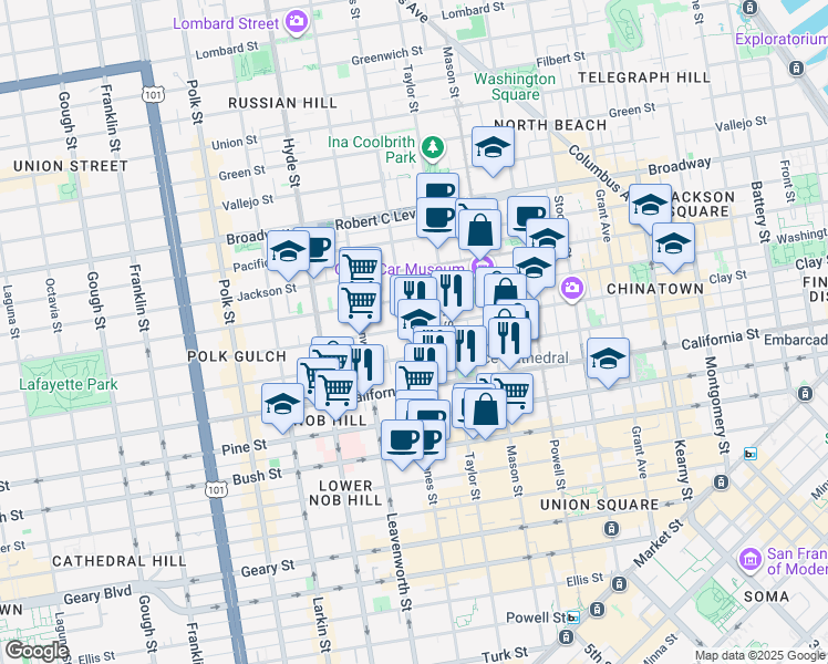map of restaurants, bars, coffee shops, grocery stores, and more near 1250 Sacramento Street in San Francisco