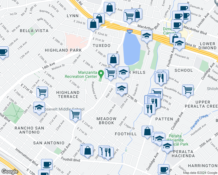 map of restaurants, bars, coffee shops, grocery stores, and more near 2658 23rd Avenue in Oakland