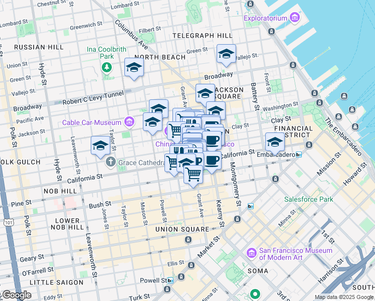 map of restaurants, bars, coffee shops, grocery stores, and more near 700 California Street in San Francisco