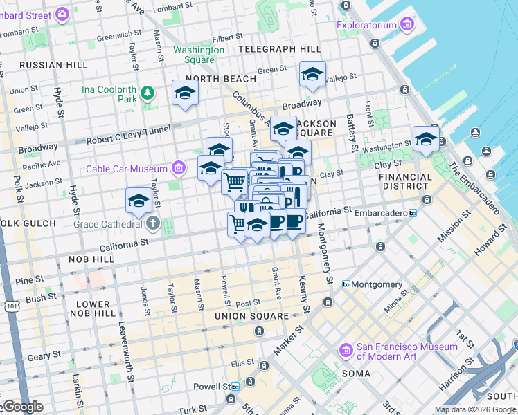map of restaurants, bars, coffee shops, grocery stores, and more near 700 California Street in San Francisco