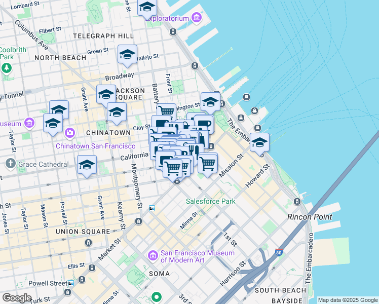 map of restaurants, bars, coffee shops, grocery stores, and more near 62 Pine Street in San Francisco