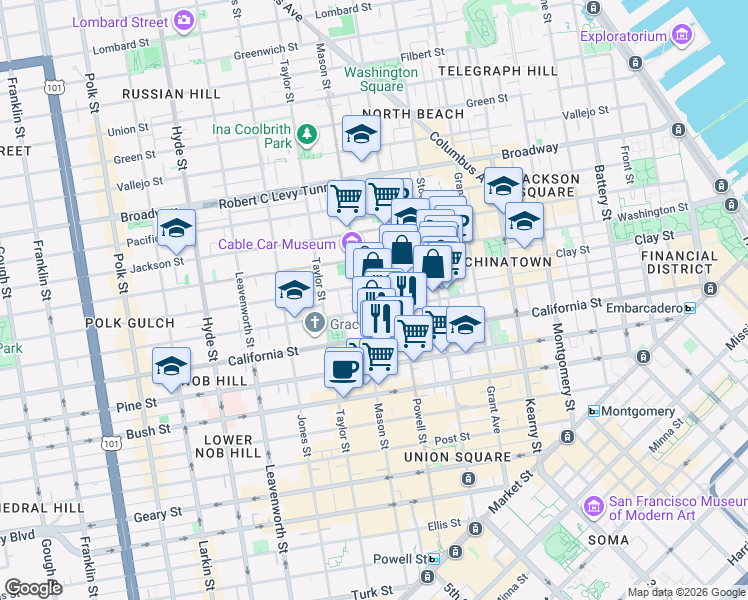 map of restaurants, bars, coffee shops, grocery stores, and more near 1000 Mason Street in San Francisco