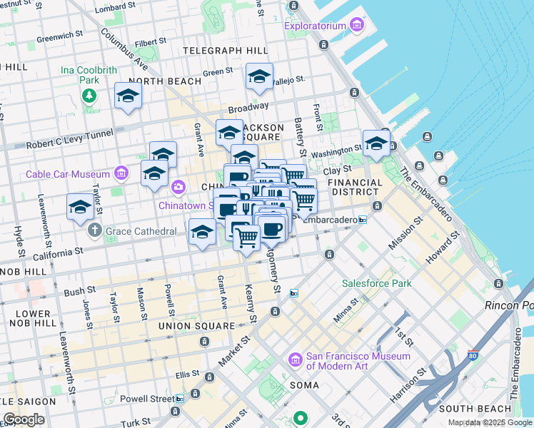map of restaurants, bars, coffee shops, grocery stores, and more near 420 Montgomery Street in San Francisco