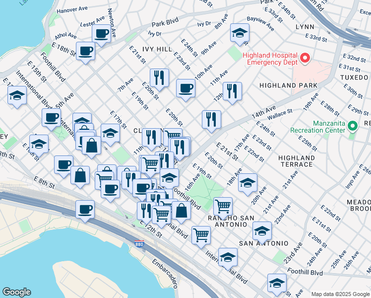 map of restaurants, bars, coffee shops, grocery stores, and more near 1847 13th Avenue in Oakland