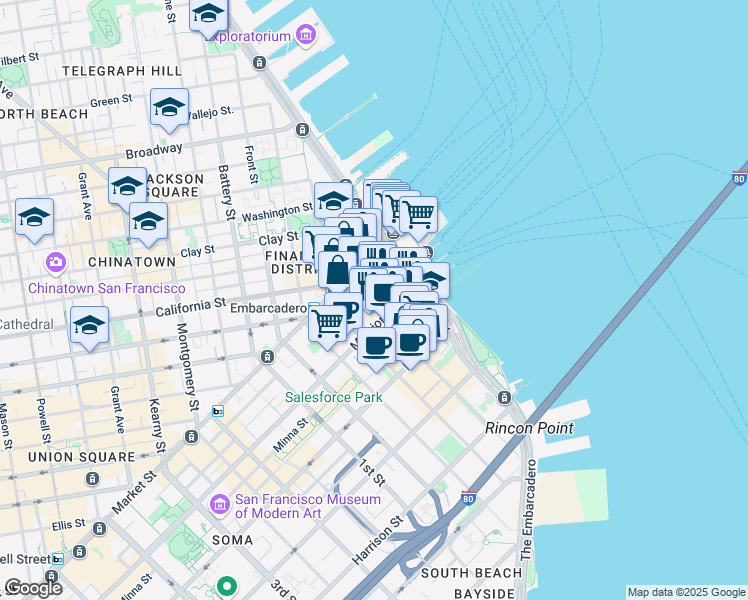 map of restaurants, bars, coffee shops, grocery stores, and more near 91 Spear Street in San Francisco