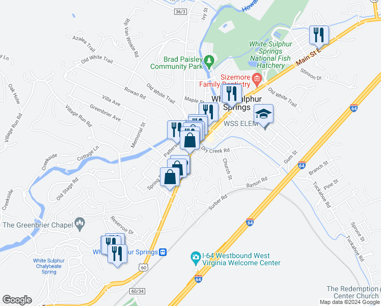 map of restaurants, bars, coffee shops, grocery stores, and more near U.S. 60 & Caldwell Drive in White Sulphur Springs