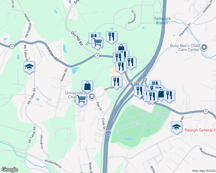 map of restaurants, bars, coffee shops, grocery stores, and more near 169 George Street in Beckley