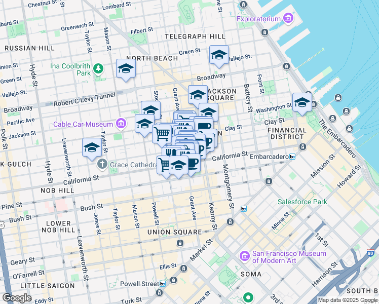 map of restaurants, bars, coffee shops, grocery stores, and more near 700 California Street in San Francisco