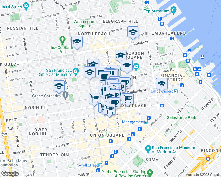 map of restaurants, bars, coffee shops, grocery stores, and more near 700 California Street in San Francisco