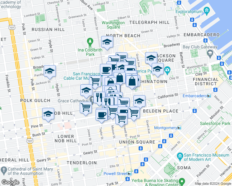 map of restaurants, bars, coffee shops, grocery stores, and more near 950 Mason Street in San Francisco