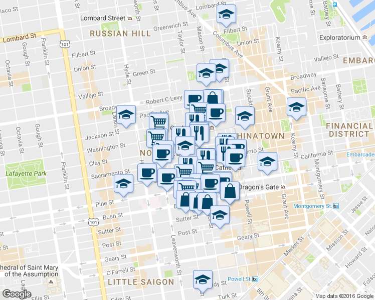 map of restaurants, bars, coffee shops, grocery stores, and more near 1250 Sacramento Street in San Francisco