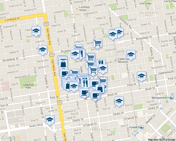map of restaurants, bars, coffee shops, grocery stores, and more near 115 Kimball Place in San Francisco