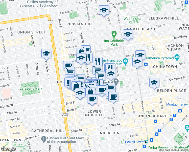 map of restaurants, bars, coffee shops, grocery stores, and more near in San Francisco