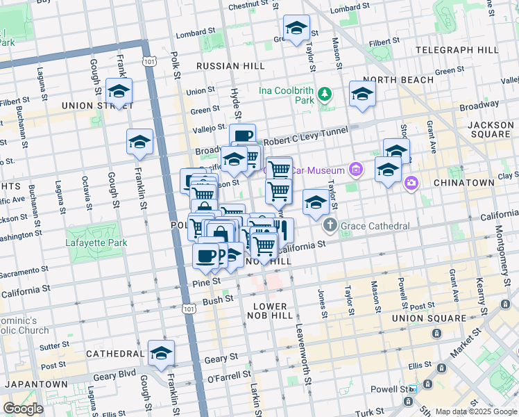 map of restaurants, bars, coffee shops, grocery stores, and more near 1251 Hyde Street in San Francisco