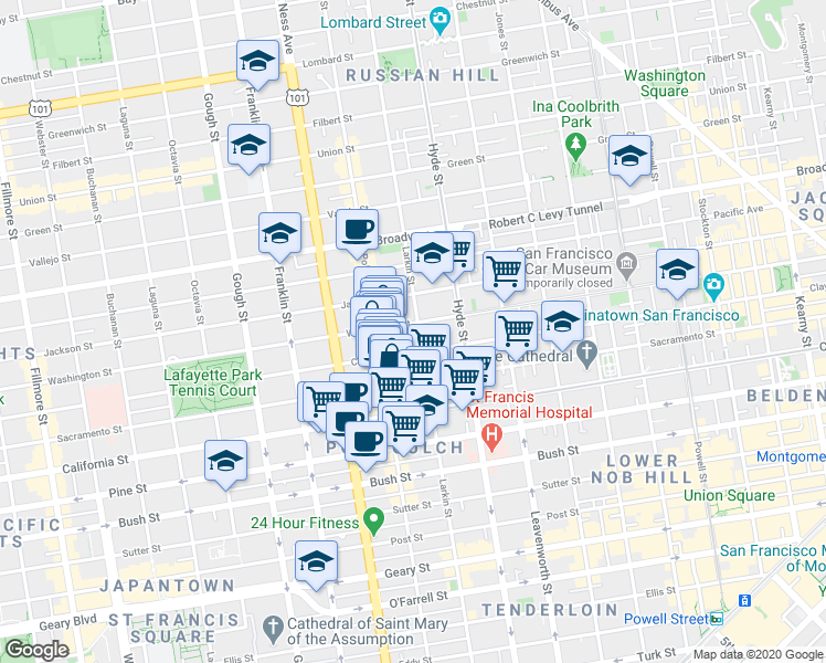 map of restaurants, bars, coffee shops, grocery stores, and more near 1565 Larkin Street in San Francisco