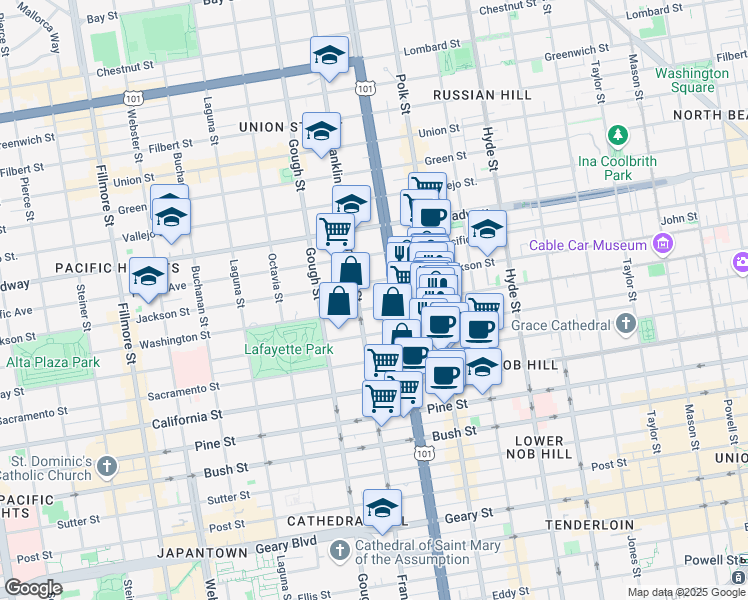 map of restaurants, bars, coffee shops, grocery stores, and more near in San Francisco