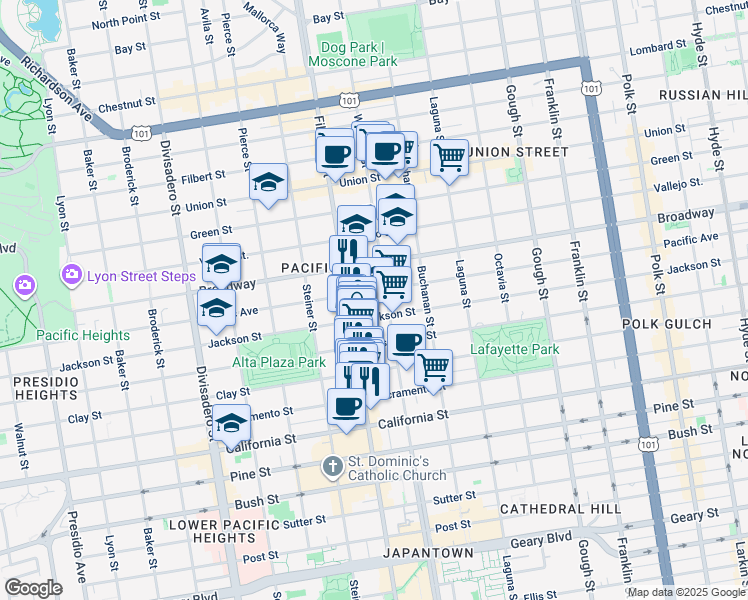 map of restaurants, bars, coffee shops, grocery stores, and more near 2321 Webster Street in San Francisco