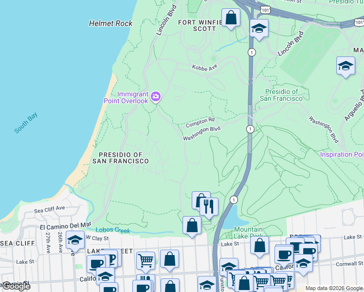map of restaurants, bars, coffee shops, grocery stores, and more near 1451 Battery Caulfield Road in San Francisco