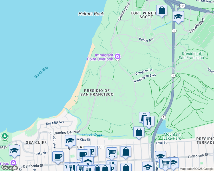 map of restaurants, bars, coffee shops, grocery stores, and more near 1585 Stilwell Road in San Francisco