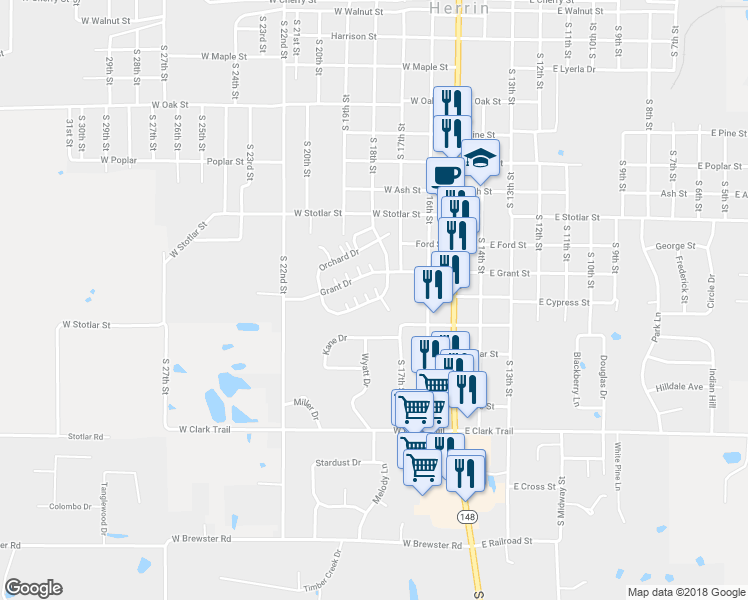 map of restaurants, bars, coffee shops, grocery stores, and more near 77 Orchard Drive in Herrin