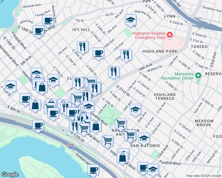 map of restaurants, bars, coffee shops, grocery stores, and more near 2006 14th Avenue in Oakland