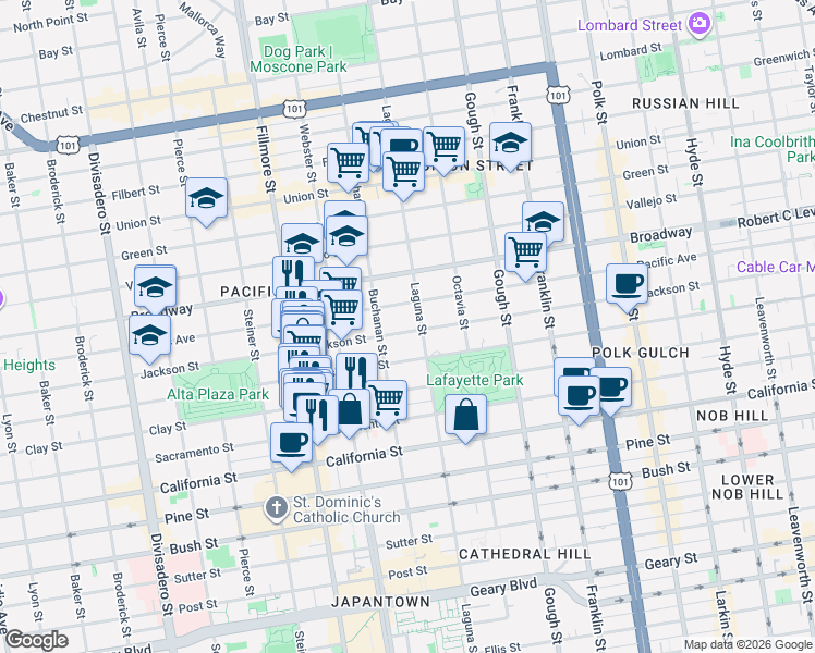 map of restaurants, bars, coffee shops, grocery stores, and more near 2110 Jackson Street in San Francisco