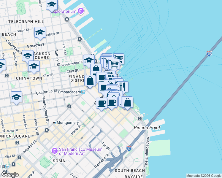map of restaurants, bars, coffee shops, grocery stores, and more near 1 Mission Street in San Francisco