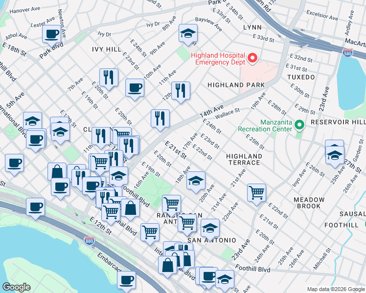 map of restaurants, bars, coffee shops, grocery stores, and more near 1714 East 21st Street in Oakland