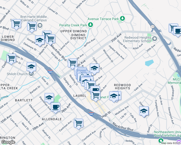 map of restaurants, bars, coffee shops, grocery stores, and more near 3720 Loma Vista Avenue in Oakland