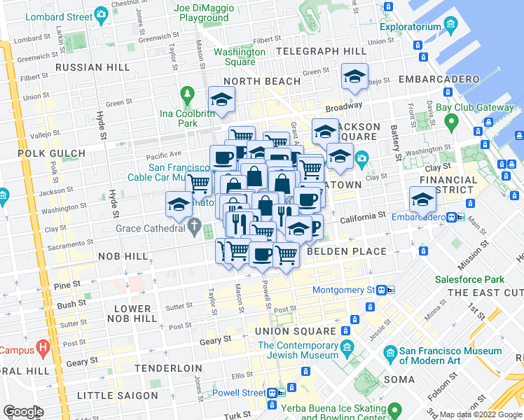 map of restaurants, bars, coffee shops, grocery stores, and more near 875 California Street in San Francisco