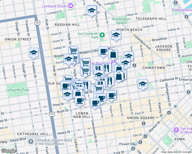 map of restaurants, bars, coffee shops, grocery stores, and more near Clay St & Jones St in San Francisco