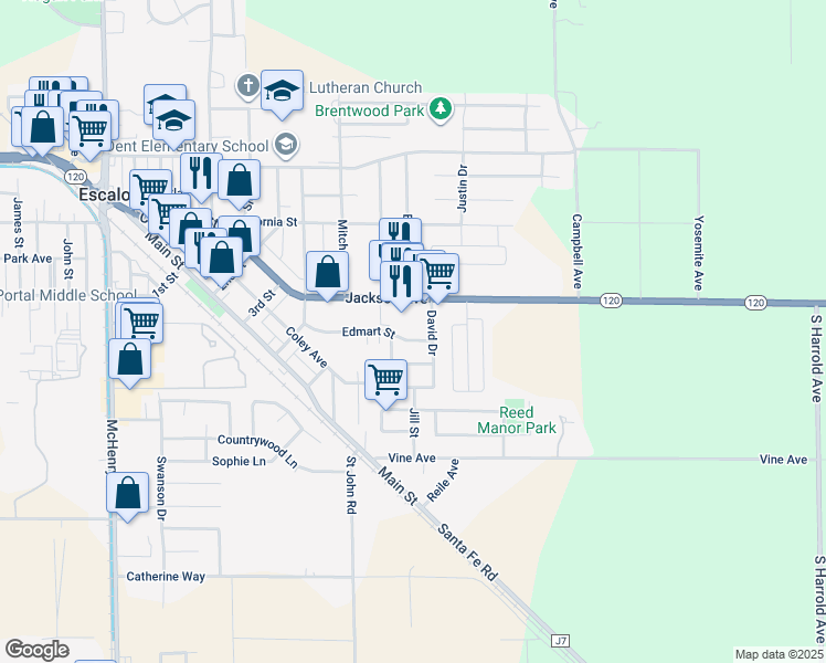 map of restaurants, bars, coffee shops, grocery stores, and more near 2226 Edmart Street in Escalon
