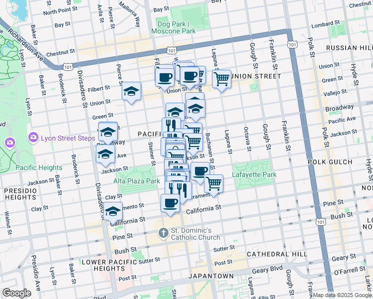 map of restaurants, bars, coffee shops, grocery stores, and more near 2321 Webster Street in San Francisco