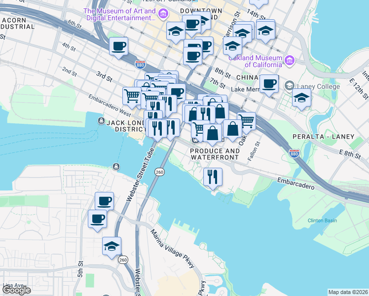 map of restaurants, bars, coffee shops, grocery stores, and more near 40 Harrison Street in Oakland