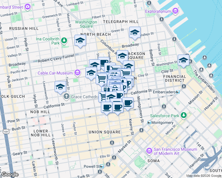 map of restaurants, bars, coffee shops, grocery stores, and more near 831 Sacramento Street in San Francisco